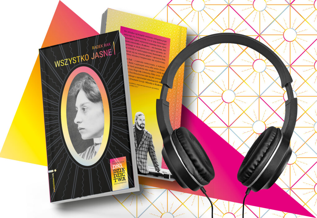 Okładka książki "Wszystko jasne" z czarno-białym portretem kobiety na okładce oraz duże słuchawki.